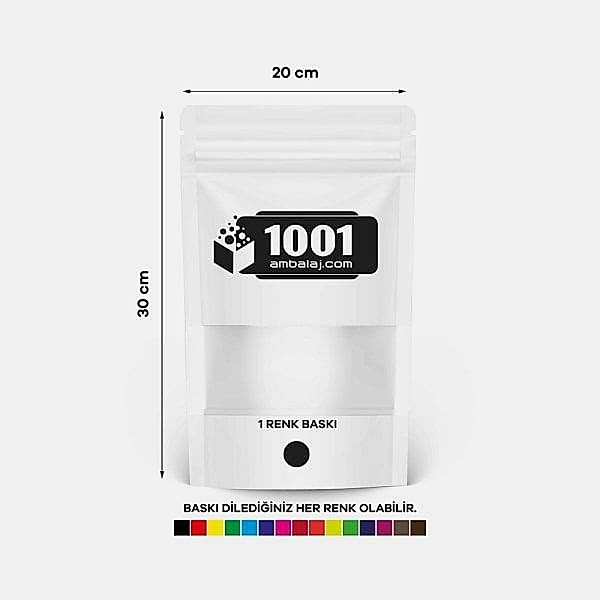 20X30 Cm 1 Baskılı Beyaz Renkli Pencereli Tek Taraf Tek Renk Doypack Torba 1000 Gr /13/