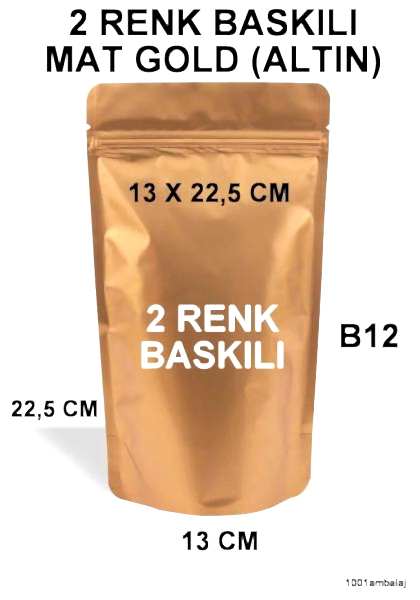 13X22,5 Cm 2 Baskılı Mat Gold ( Altın Renkli ) Tek Taraf İki Renk Doypack Torba 250 Gr /26/