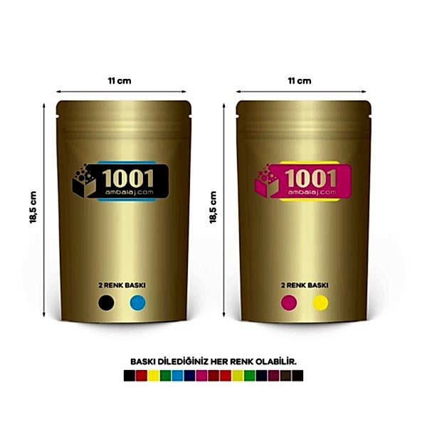 11X18,5 Cm 4 Baskılı Gold ( Altın ) Renkli İki Taraf İki Renk Doypack Torba 100 Gr /21/