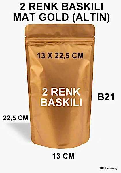 13X22,5 Cm 2 Baskılı Mat Gold ( Altın Renkli ) İki Taraf Tek Renk Doypack Torba 250 Gr /26/