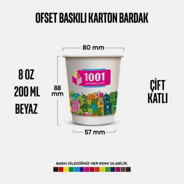 Ofset Baskılı 8 Oz Karton Bardak Çift Kat Duvarlı Beyaz Sicak Soğuk