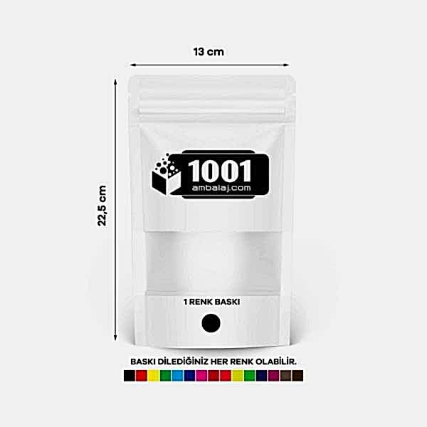 13X22,5 Cm 1 Baskılı Beyaz Renkli Pencereli Tek Taraf Tek Renk Doypack Torba 250 Gr /10/