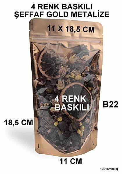 11X18,5 Cm 4 Baskılı Ön Şeffaf Arka Gold Metalize Renk İki Taraf İki Renk Doypack Torba 100 Gr /49/