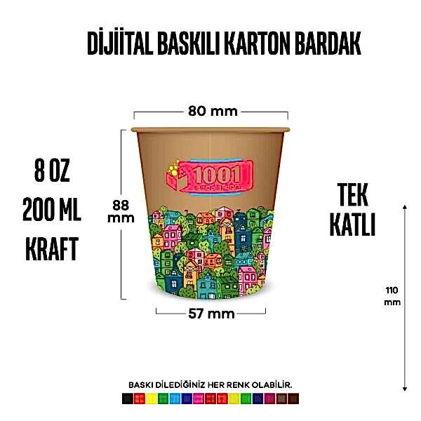 Dijital Baskılı 8 Oz Karton Bardak Tek Kat Duvarlı Kraft Sicak Soğuk