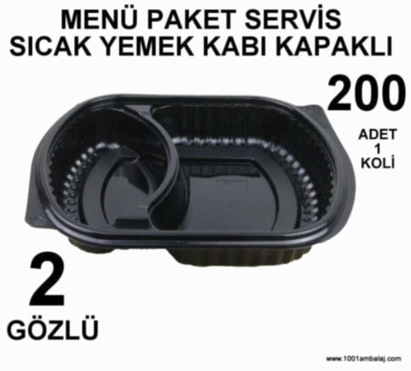 Menü Paket Servis Sicak Yemek kabı 2 Gözlü kapaklı 200 Adet 1 Koli