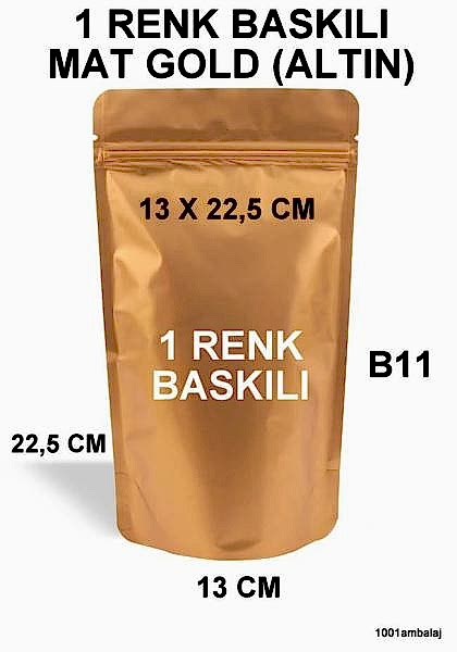 13X22,5 Cm 1 Baskılı Mat Gold ( Altın Renkli ) Tek Taraf Tek Renk Doypack Torba 250 Gr /26/