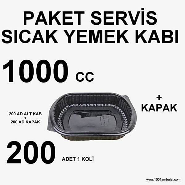 Paket Servis Sicak Yemek kabı kapaklı 1000 Cc 200 Adet 1 Koli