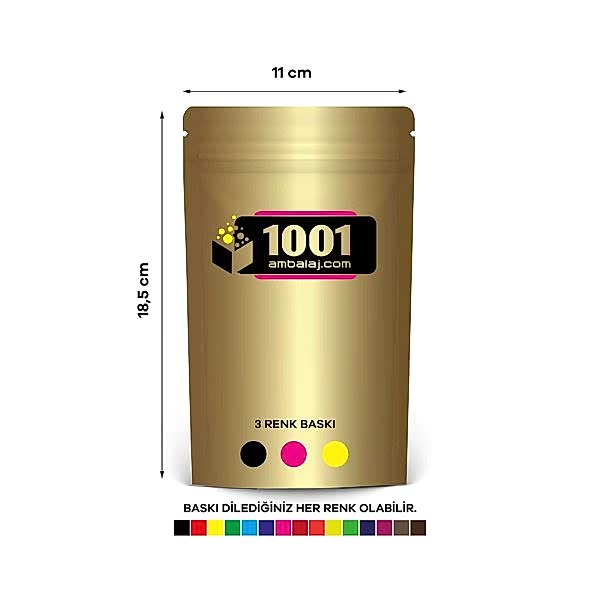 11X18,5 Cm 3 Baskılı Gold ( Altın ) Renkli Tek Taraf Üç Renk Doypack Torba 100 Gr /21/