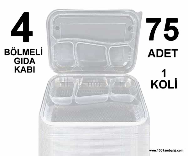 Kebap kabı 4 Bölmeli Gida kabı Kendinden kapaklı 75 Adet 1 Koli
