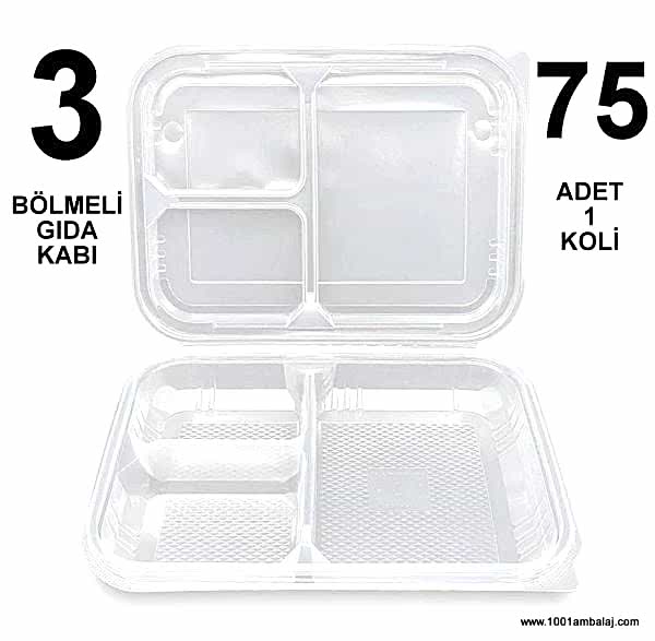 Kebap kabı 3 Bölmeli Gida kabı Kendinden kapaklı 75 Adet 1 Koli