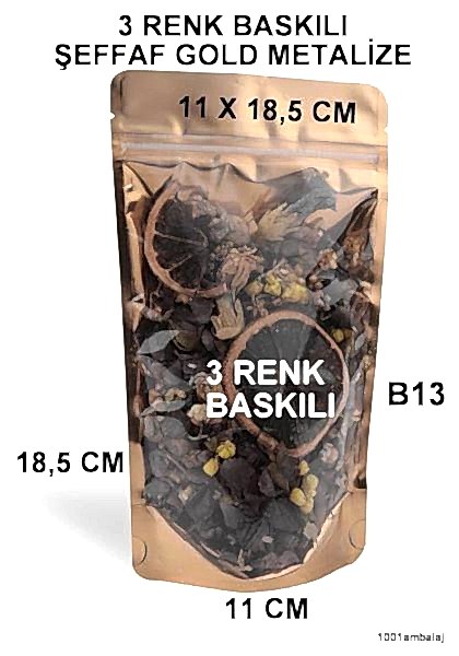 11X18,5 Cm 3 Baskılı Ön Şeffaf Arka Gold Metalize Renk Tek Taraf Üç Renk Doypack Torba 100 Gr /49/