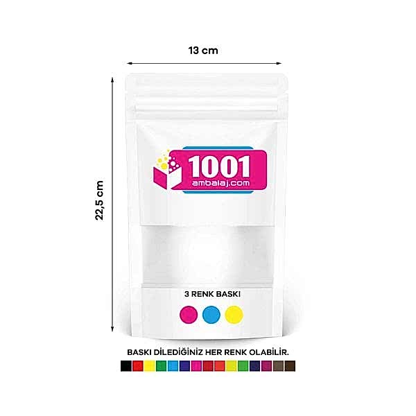 13X22,5 Cm 3 Baskılı Beyaz Renkli Pencereli Tek Taraf Üç Renk Doypack Torba 250 Gr /10/