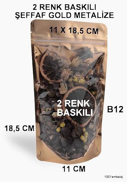 11X18,5 Cm 2 Baskılı Ön Şeffaf Arka Gold Metalize Renk Tek Taraf İki Renk Doypack Torba 100 Gr /49/