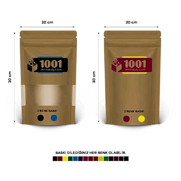 20X30 Cm 4 Baskılı Kraft Renkli Pencereli İki Taraf İki Renk Doypack Torba 1000 Gr /42/