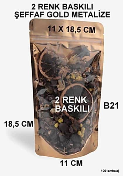 11X18,5 Cm 2 Baskılı Ön Şeffaf Arka Gold Metalize Renk İki Taraf Tek Renk Doypack Torba 100 Gr /49/