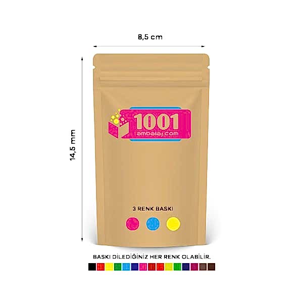 8,5X14,5 Cm 3 Baskılı Kraft Renkli Tek Taraf Üç Renk Doypack Torba 50 Gr /29/