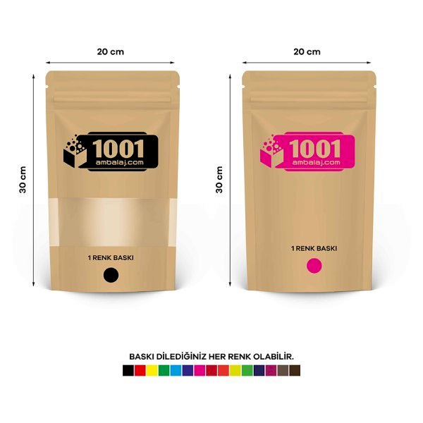 20X30 Cm 2 Baskılı Kraft Renkli Pencereli İki Taraf Tek Renk Doypack Torba 1000 Gr /42/