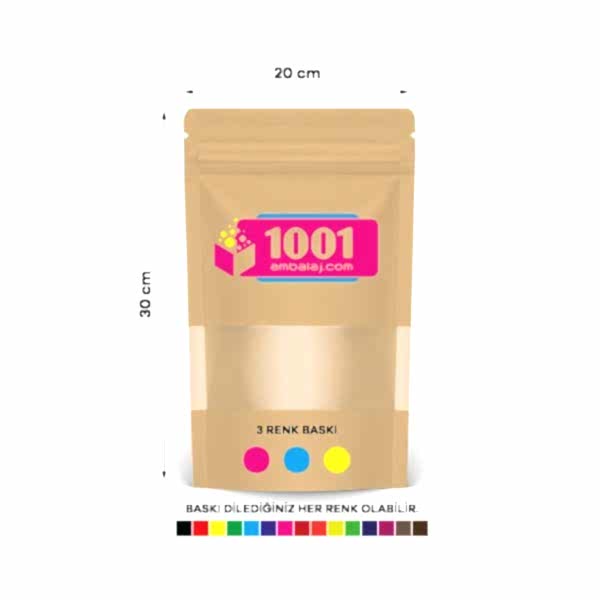 20X30 Cm 3 Baskılı Kraft Renkli Pencereli Tek Taraf Üç Renk Doypack Torba 1000 Gr /42/