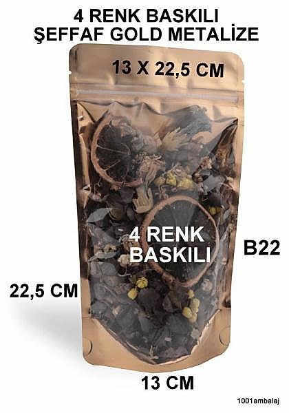 13X22,5 Cm 4 Baskılı Ön Şeffaf Arka Gold Metalize Renk İki Taraf İki Renk Doypack Torba 250 Gr /50/