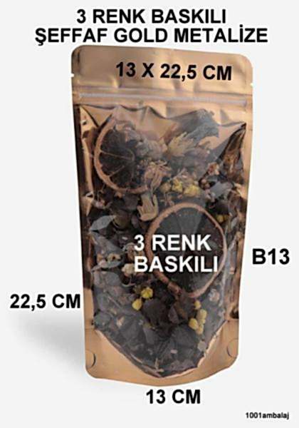 13X22,5 Cm 3 Baskılı Ön Şeffaf Arka Gold Metalize Renk Tek Taraf Üç Renk Doypack Torba 250 Gr /50/