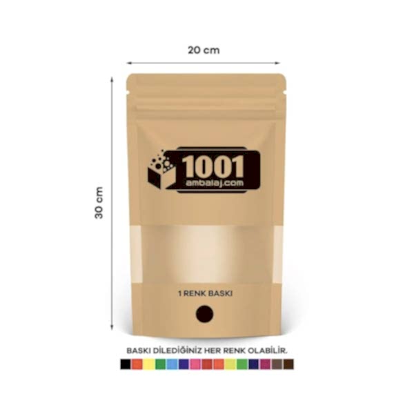 20X30 Cm 1 Baskılı Kraft Renkli Pencereli Tek Taraf Tek Renk Doypack Torba 1000 Gr /42/