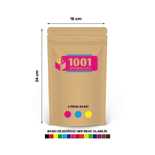 16X24 Cm 3 Baskılı Kraft Renkli Tek Taraf Üç Renk Doypack Torba 370 Gr /32/