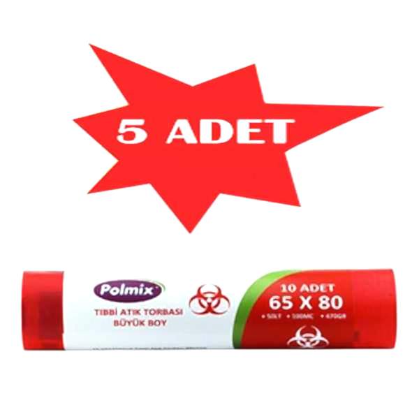 Çöp Torbası Polmix Tibbi Atik 65X80 Çift Kat Kırmızı 5 Paket