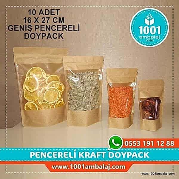 16X27 Cm Kraft Geniş Pencereli * 10 Adet * Kilitli Doypack Torba 500 Gr /46/