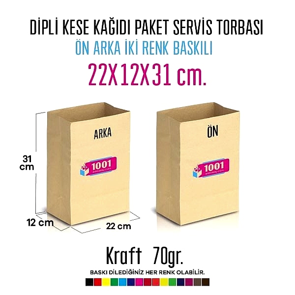 İki Taraf İki Renk Baskılı 22X12X31 Cm Kese Kağıdı Fast Food Menu Servis Paket Torbası Kraft Renk